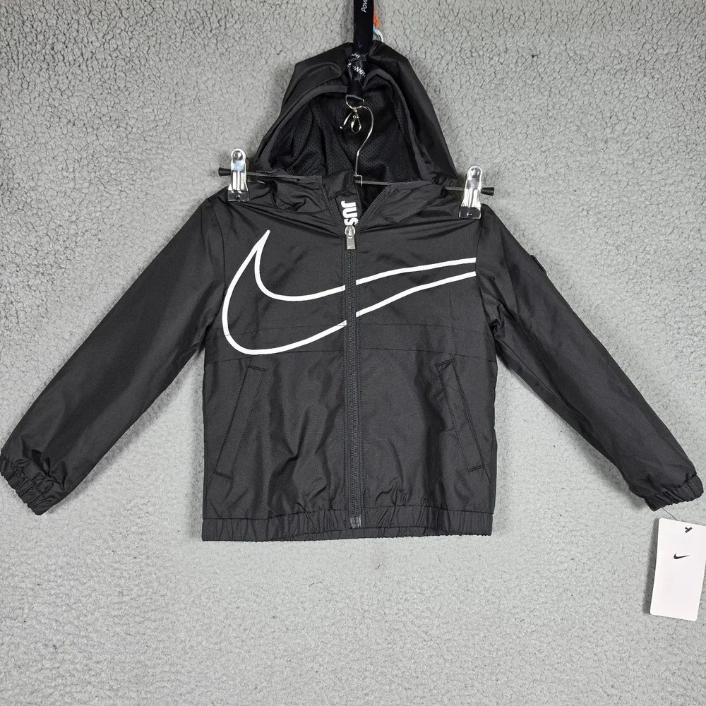 Nike Boys Jacket Sz 2T Black Windbreaker Full Zip Hooded Lightweight Swoosh NEW